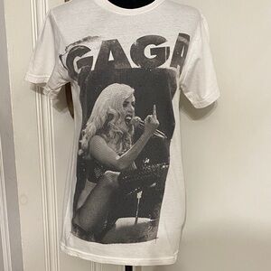 Bold front Lady Gaga white cotton tee early 2000s heavily distressed fan/concert